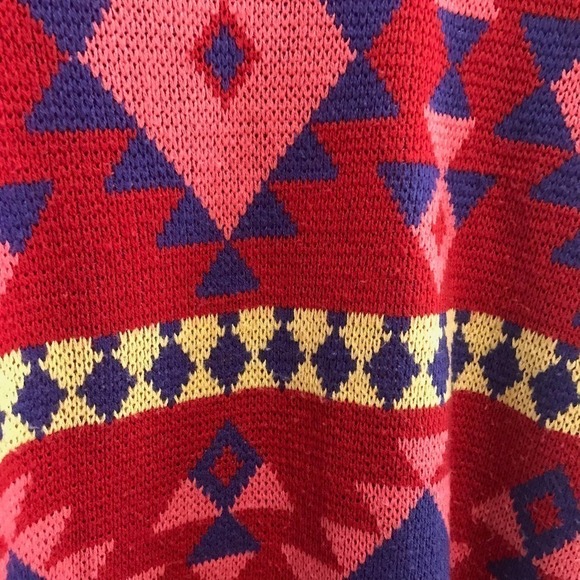 Michael Carrie Vtg 80's Sweater S Red Pink Shoulder Pad Bold Tribal Geometric - Picture 4 of 9